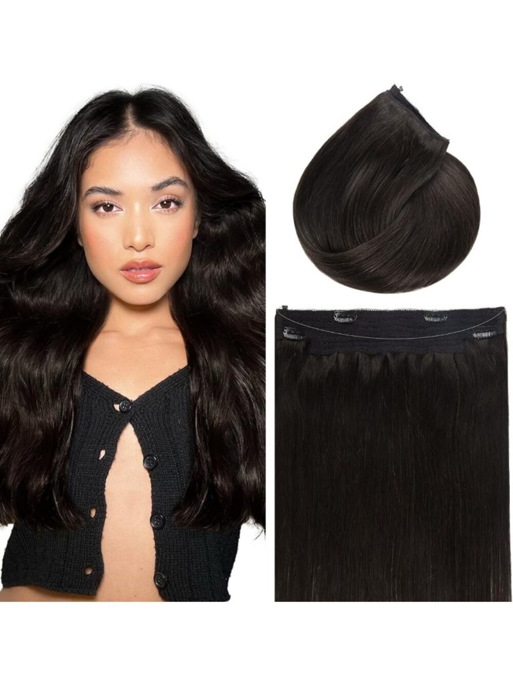 Invisible Wire Hair Extensions - Real Human Hair, Natural Black, 16" 90g